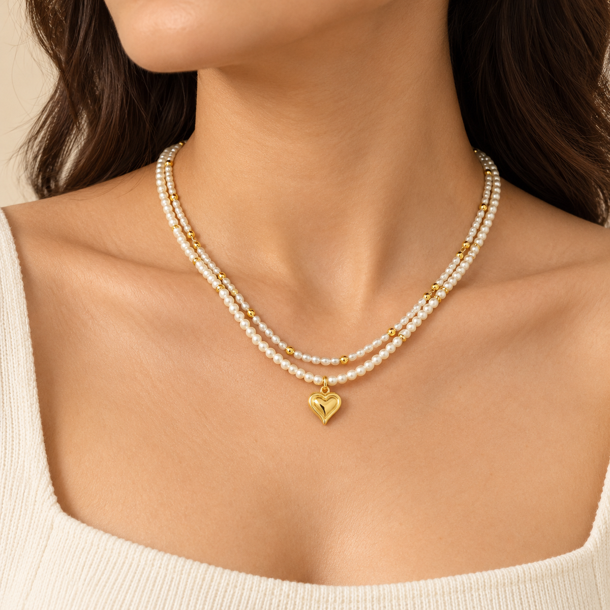 Golden Layered Heart Necklace – Mystique — model image