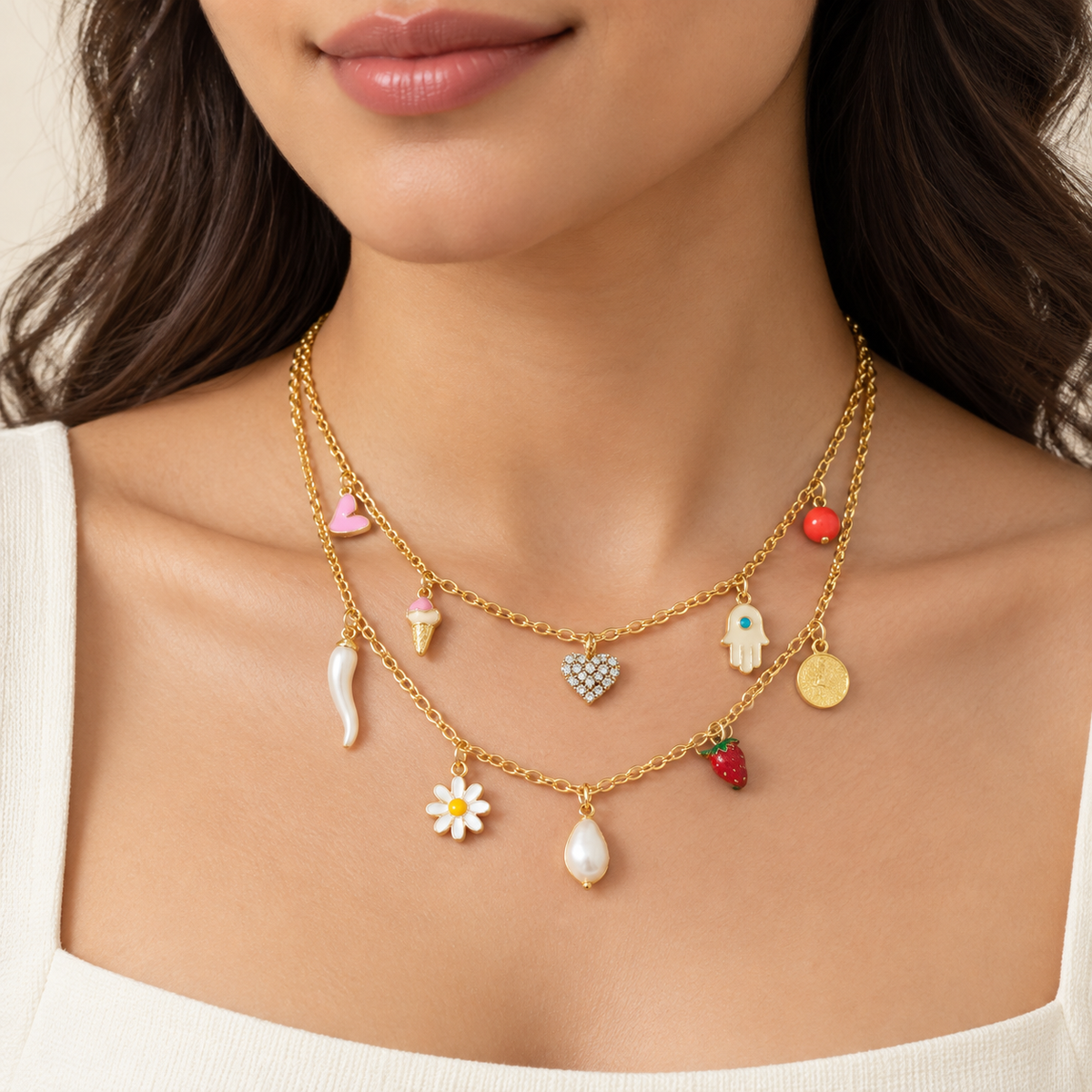 Golden Layered Charm Necklace – Mystique — model image
