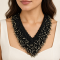 Black Fringe Statement Necklace – Mystique — model image