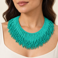 Turquoise Fringe Statement Necklace – Mystique — model image