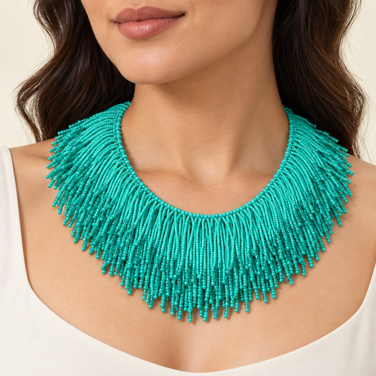 Turquoise Fringe Statement Necklace – Mystique — model image
