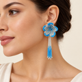 Blue Floral Tassel Earrings – Mystique — model image