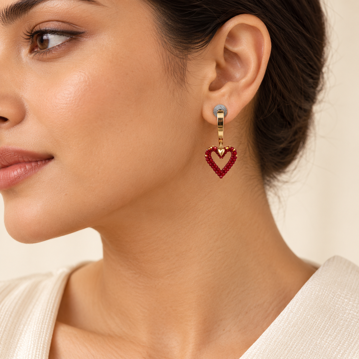 Red Heart Drop Earrings – Mystique — model image