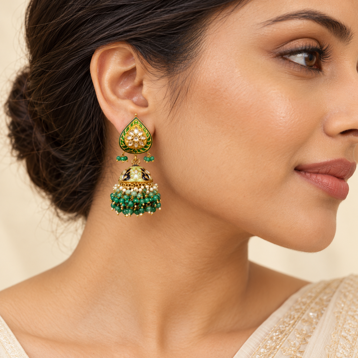 Green Beaded Jhumka Earrings – Mystique — model image
