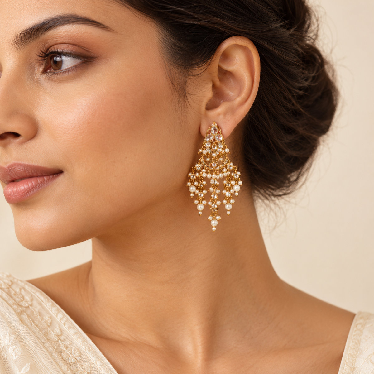 Golden Crystal Cascade Earrings – Mystique — model image