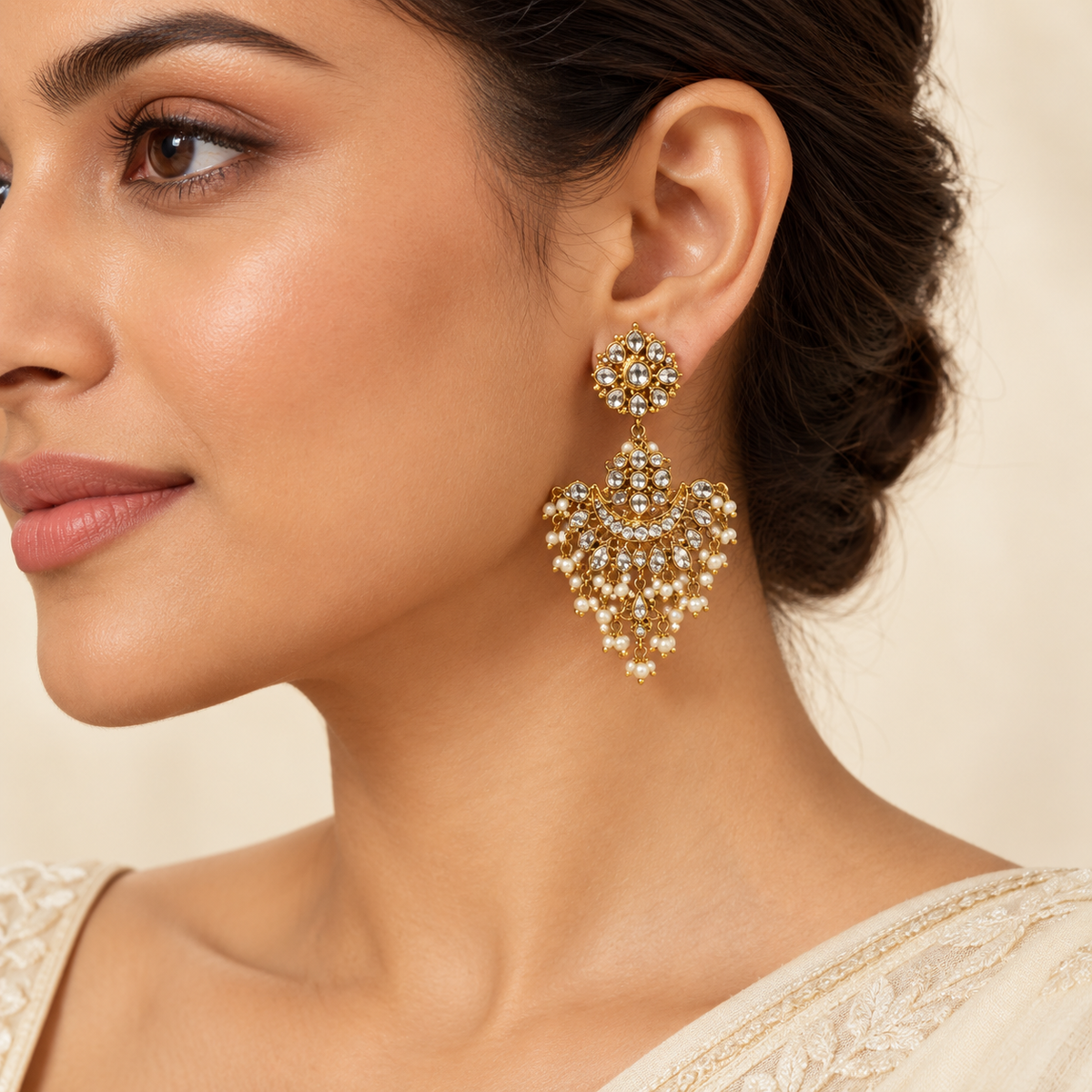 Golden Fan Chandelier Earrings – Mystique — model image