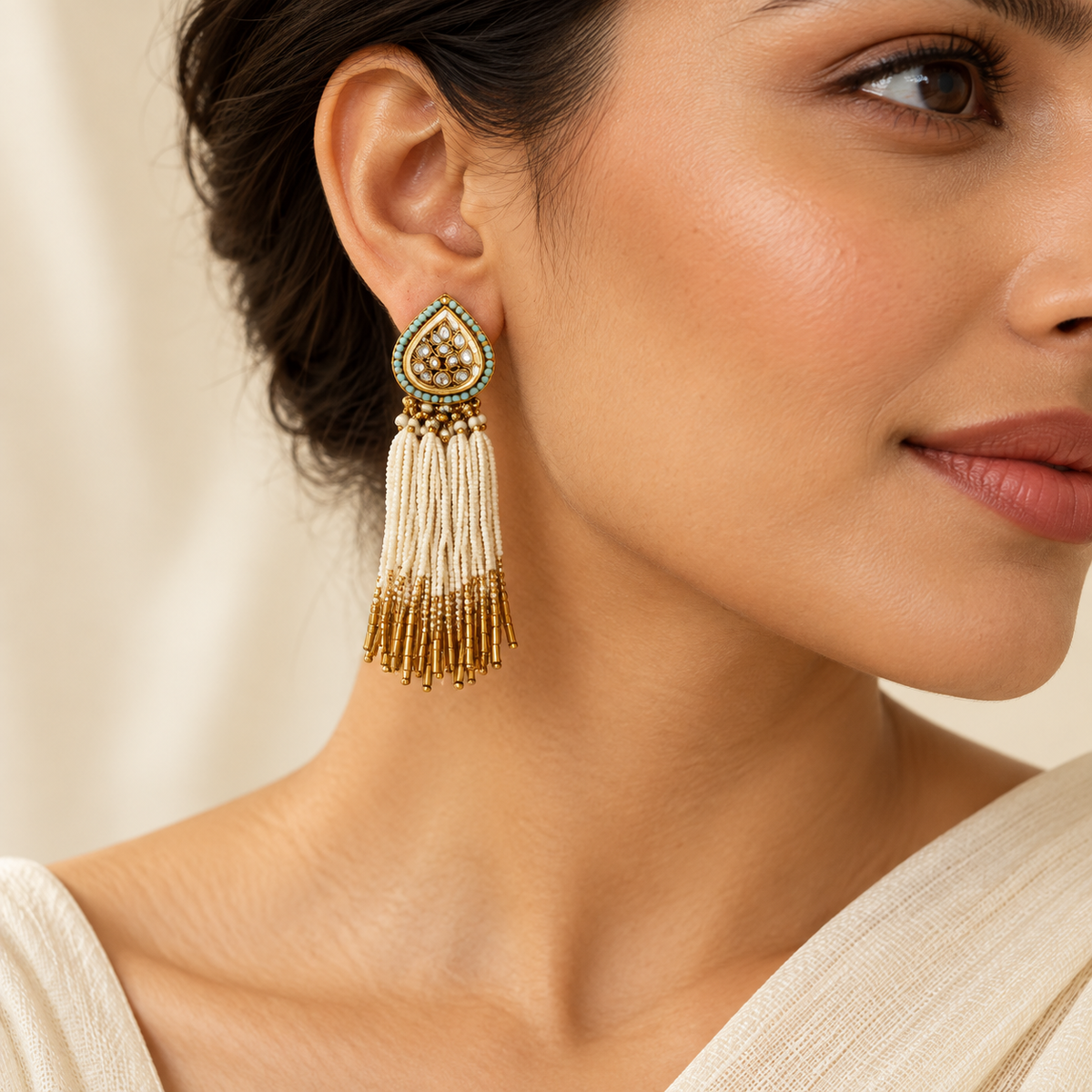 Ivory Tassel Drop Earrings – Mystique — model image