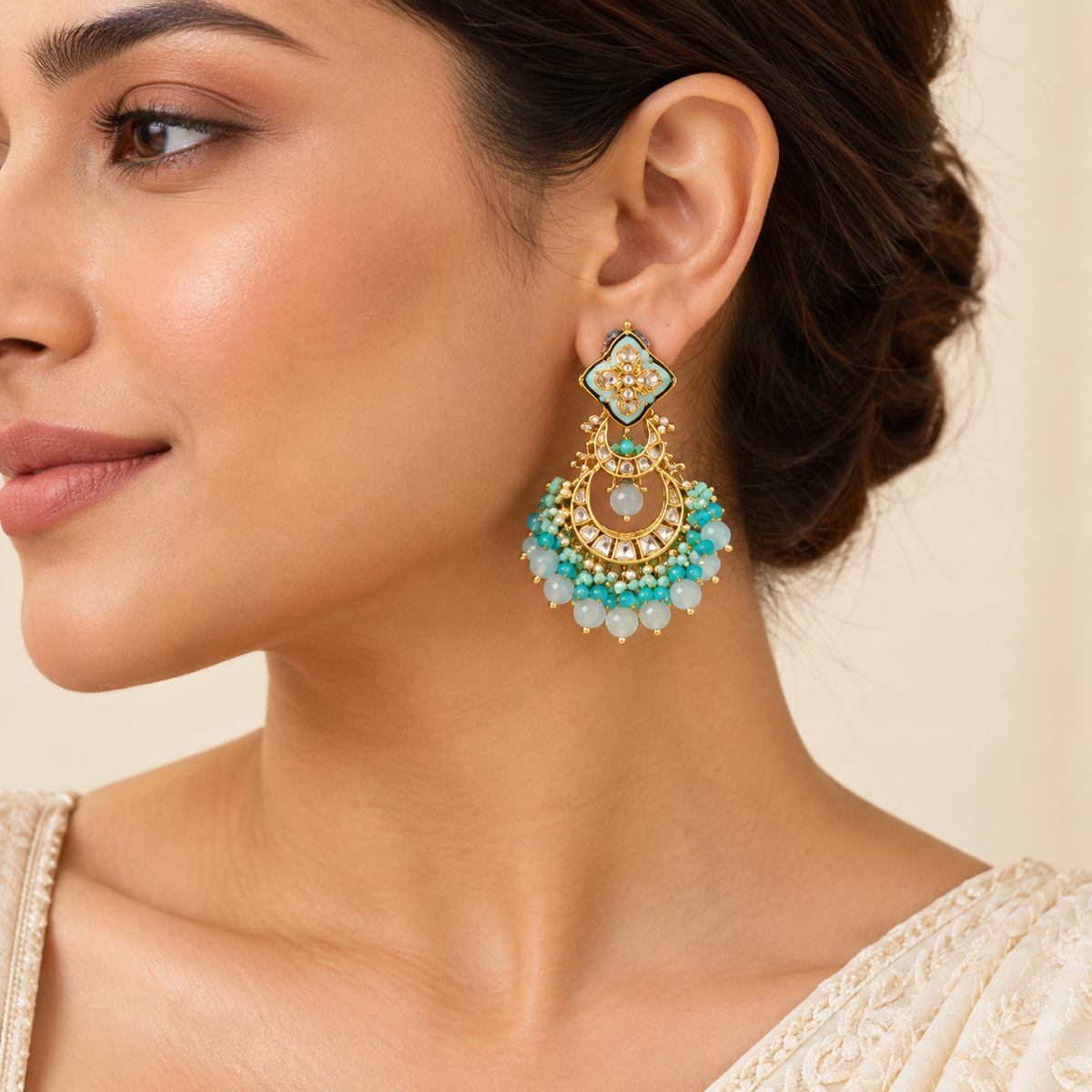 Turquoise Beaded Chandelier Earrings – Mystique — model image