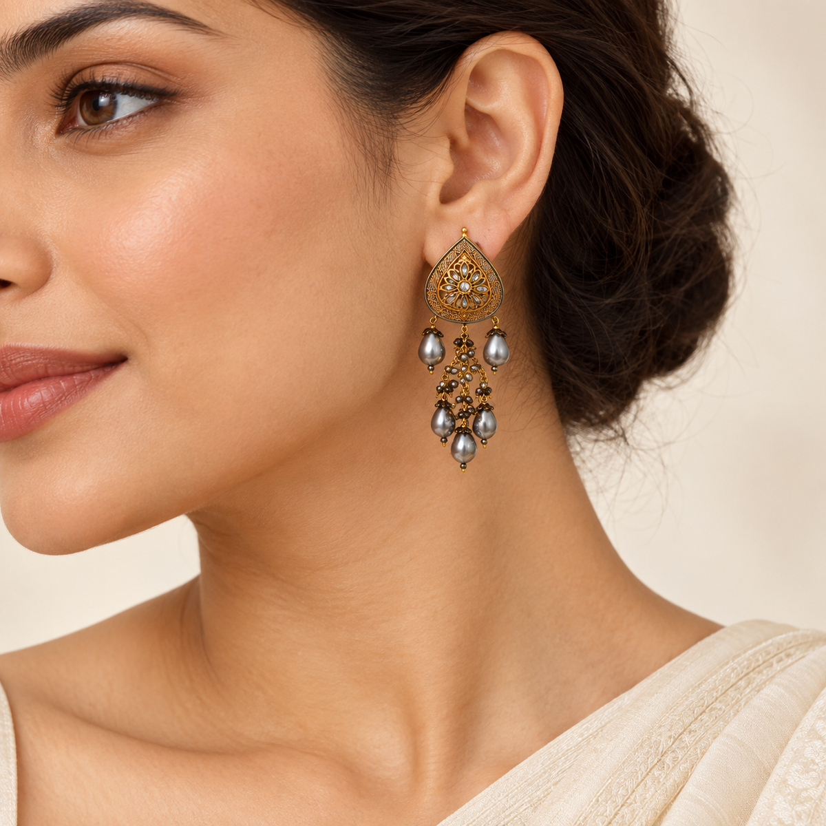Monochrome Beaded Drop Earrings – Mystique — model image