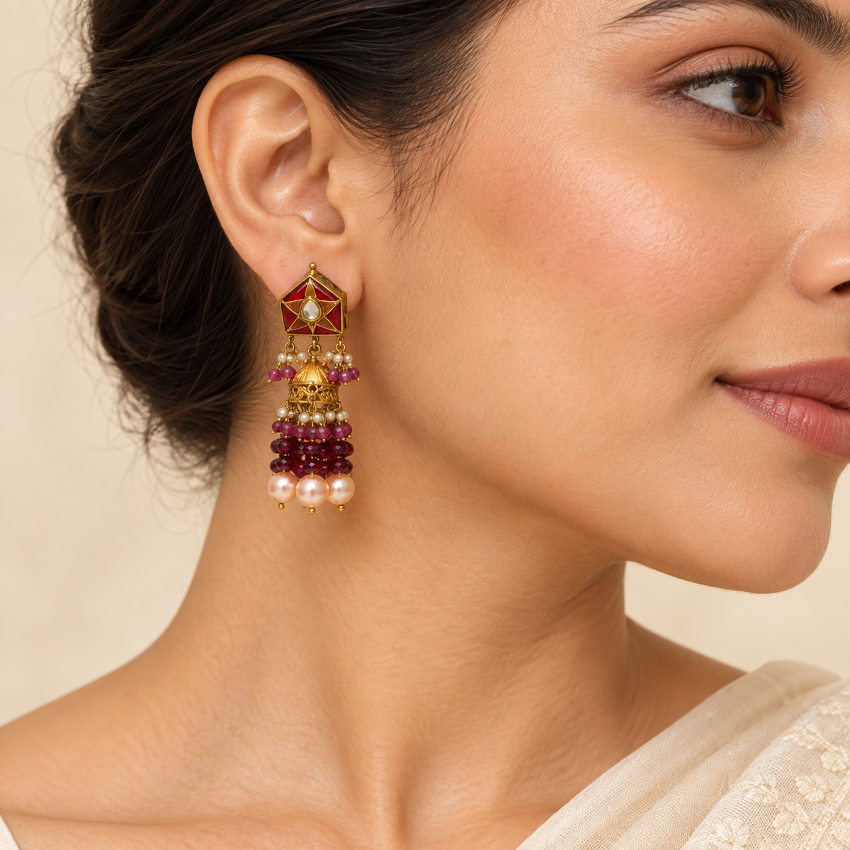 Ruby Beaded Drop Earrings – Mystique — model image