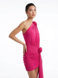 Floral Accent One-Shoulder Ruched Mini Dress
