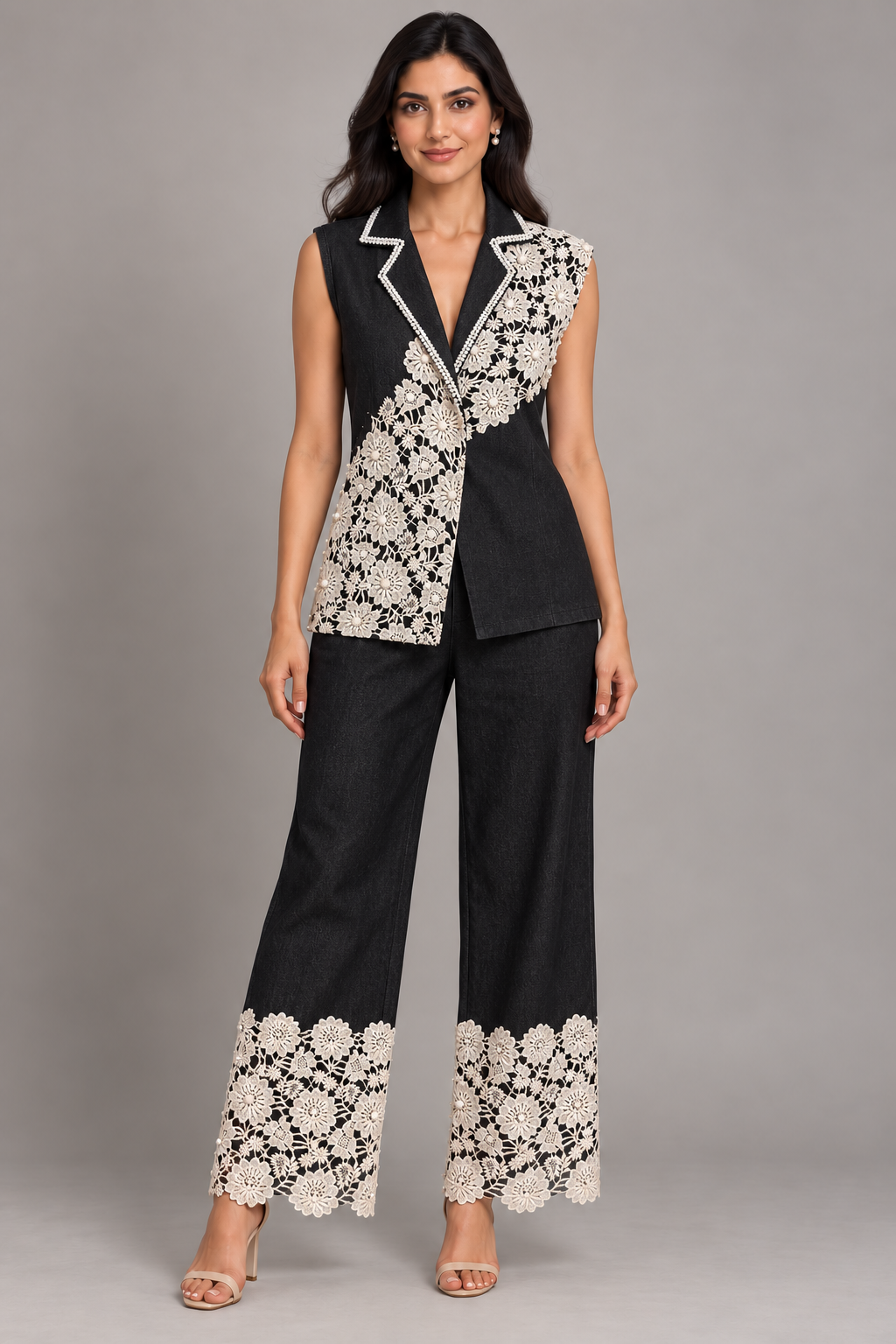 Queen B Denim with Crochet Pearl Work Co-ord — Black model view