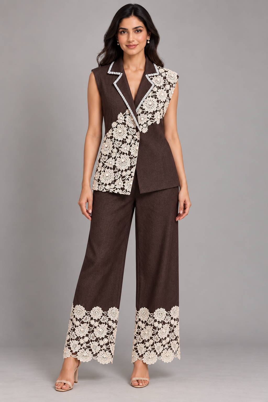 Queen B Denim with Crochet Pearl Work Co-ord — Brown model view