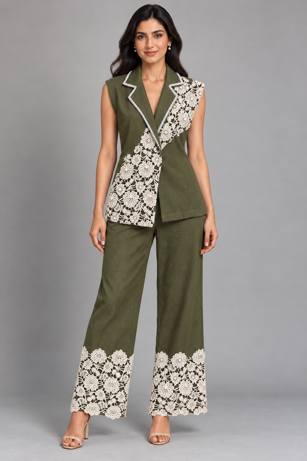 Queen B Denim with Crochet Pearl Work Co-ord — Green model view