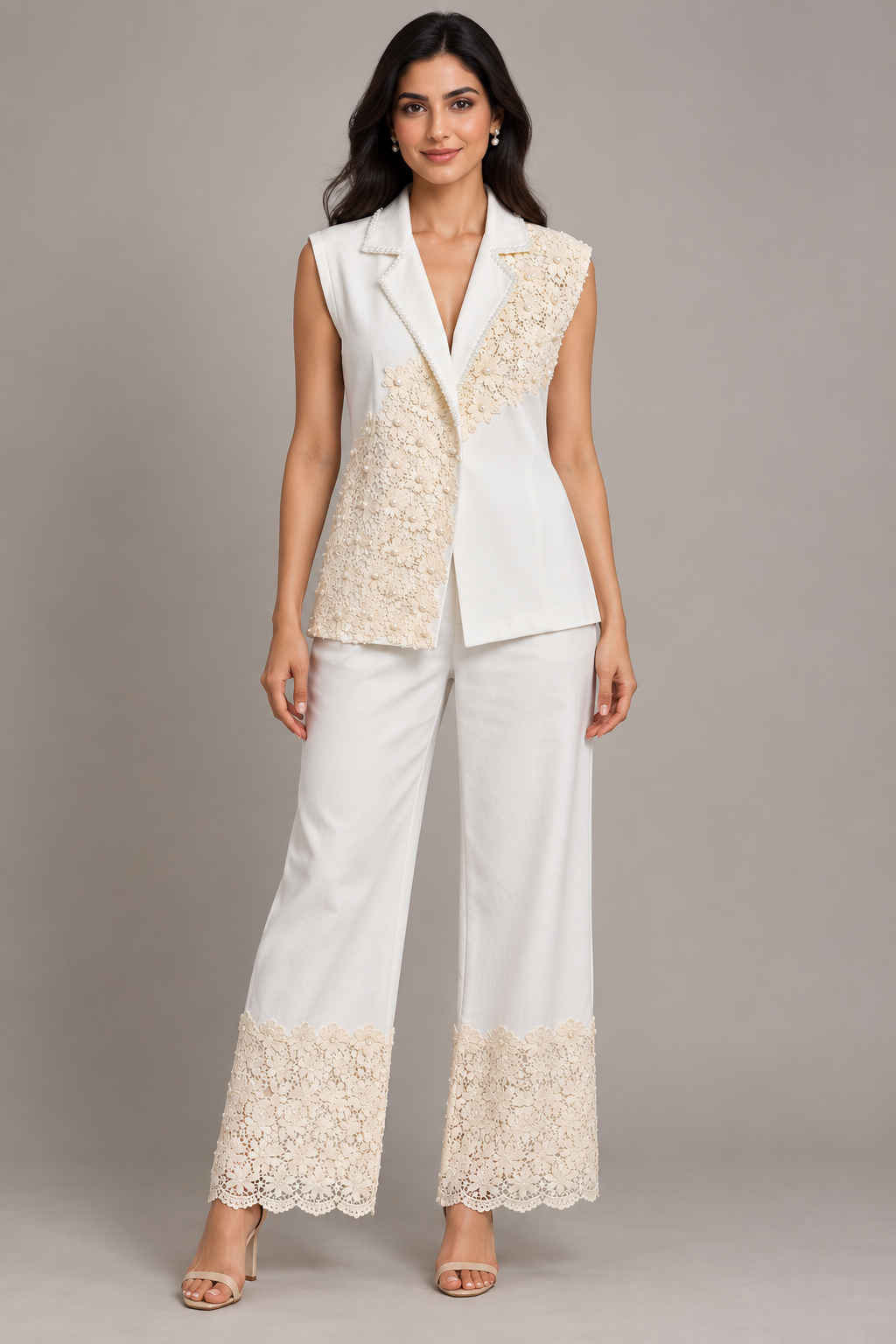 Queen B Denim with Crochet Pearl Work Co-ord — White model view