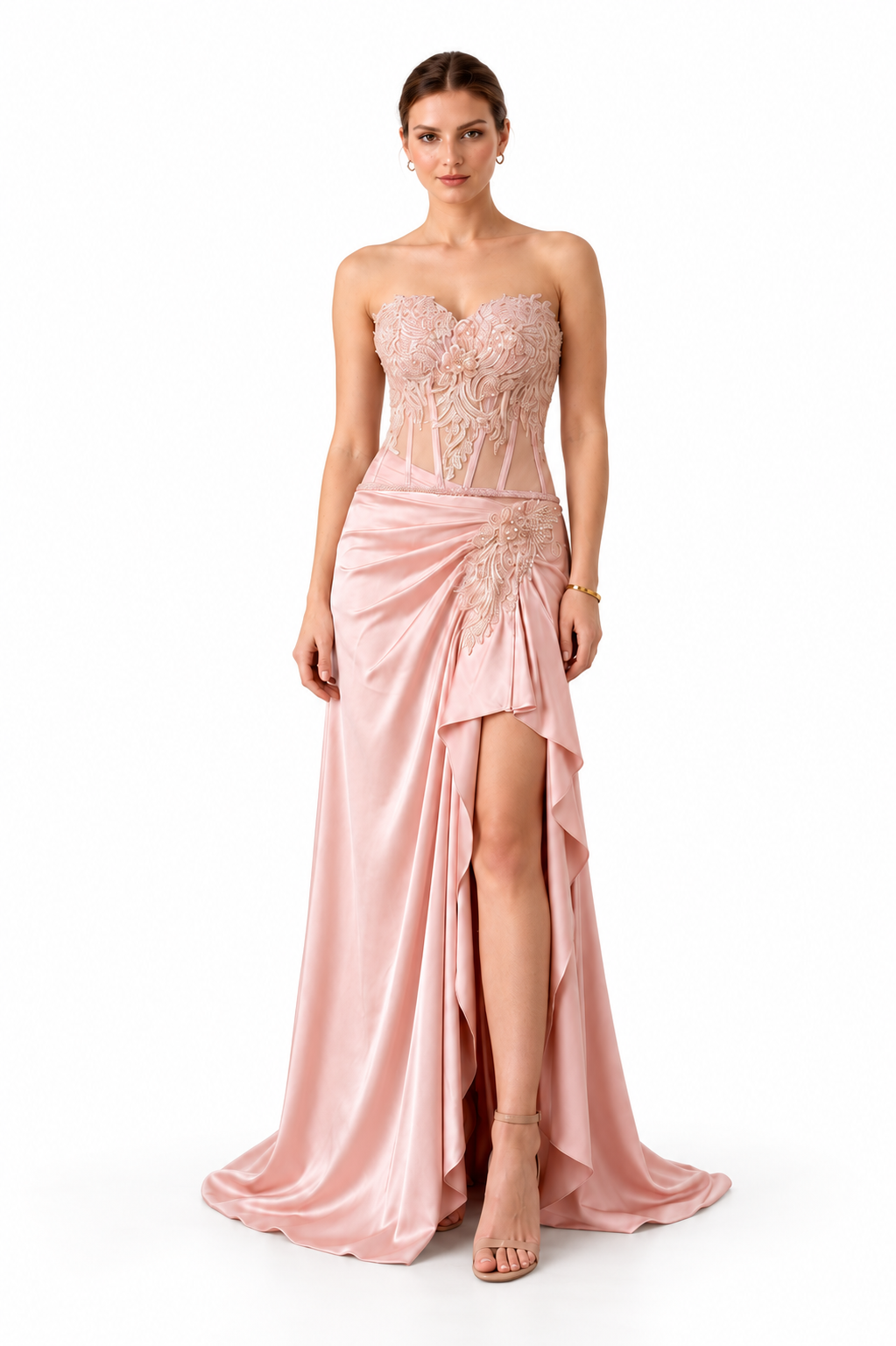 Queen B powder-pink corset and drape skirt on a white studio background