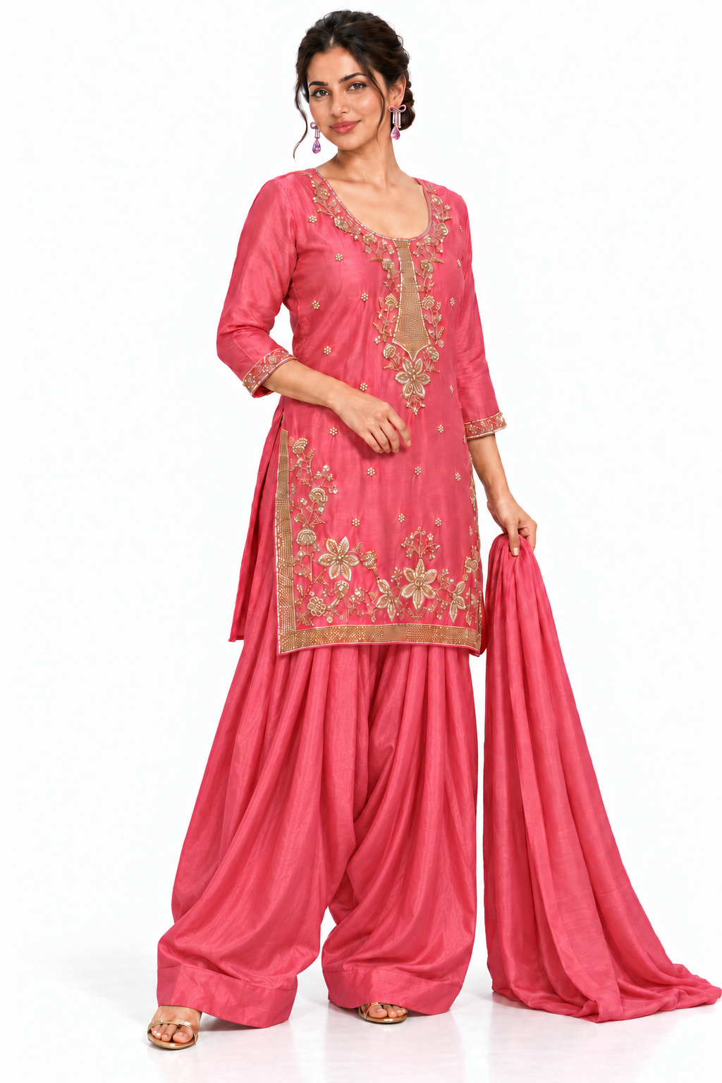 Rose pink floral embellished kurta with voluminous Farsi salwar, angled pose on white background; illustrative dupatta