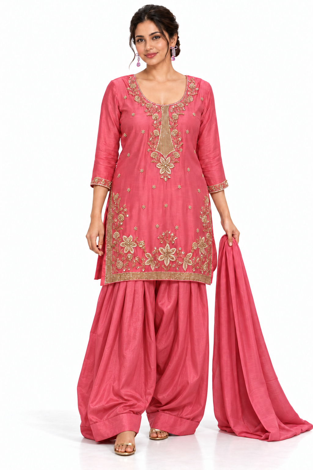 Rose pink floral embellished kurta with voluminous Farsi salwar, front pose on white background; illustrative dupatta