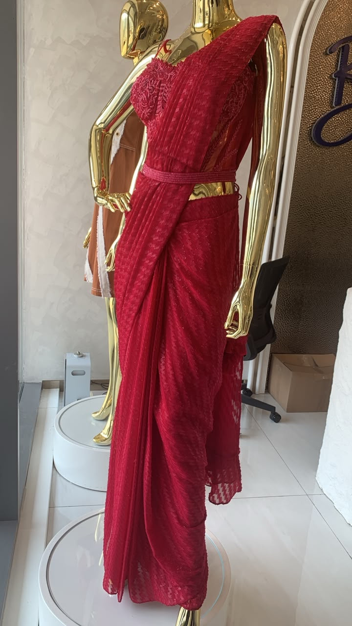 Ruby Bustier Saree Set — actual garment on mannequin showing fitted drape, gathered pleats and diagonal pallu