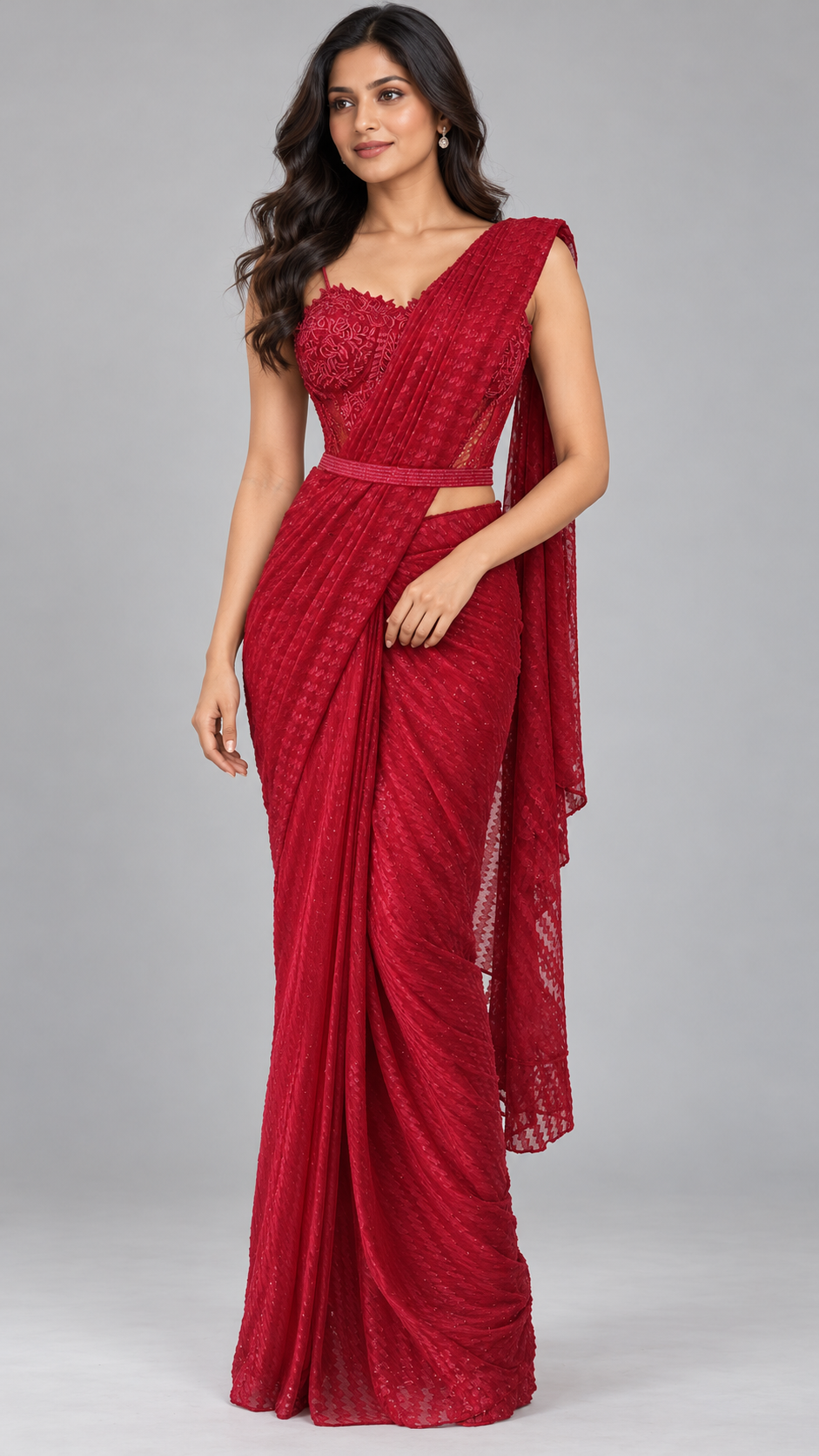 Ruby Bustier Saree Set — AI-styled model view; see actual mannequin photograph for garment details