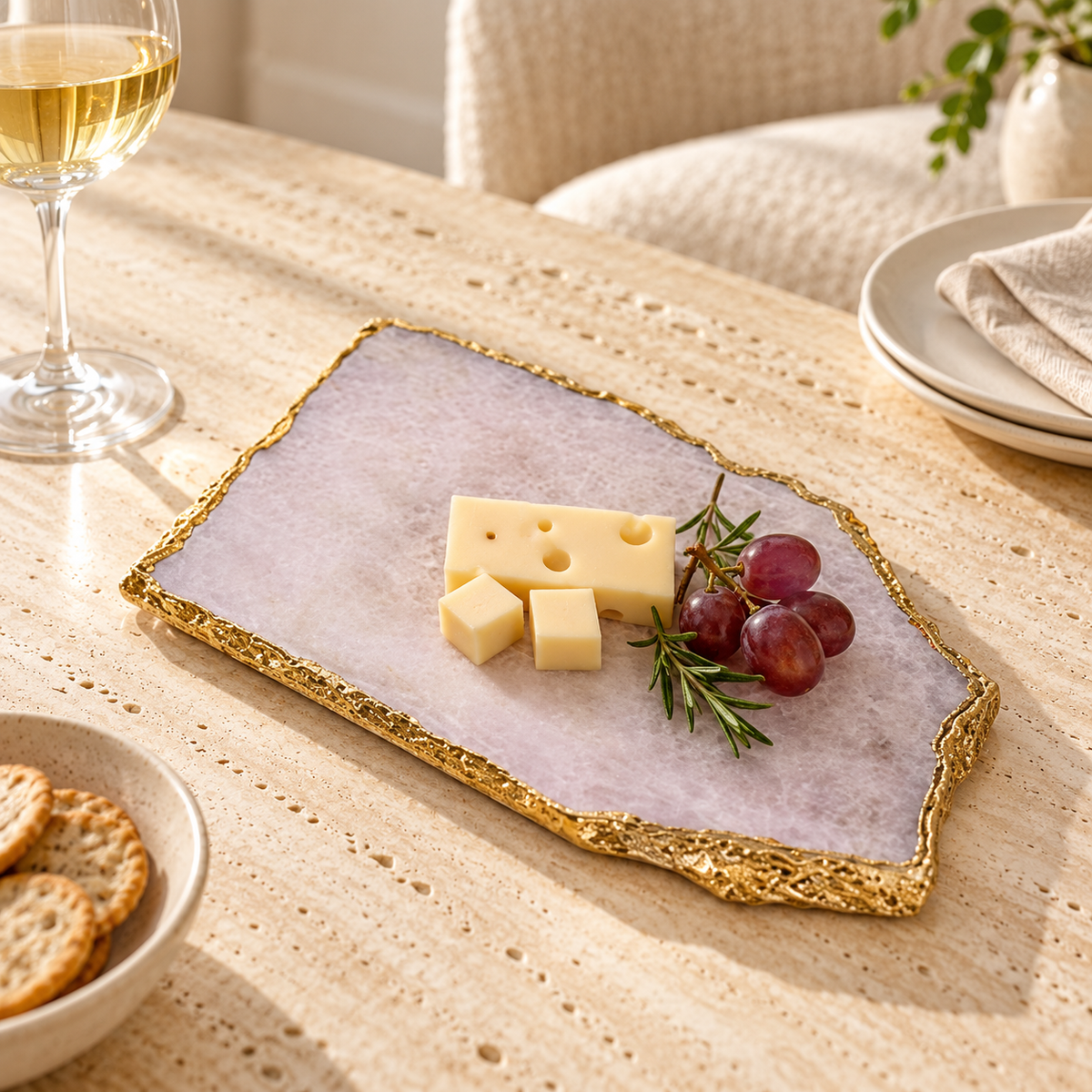 Rose Quartz Platter with Gold Gilding styled in a home setting