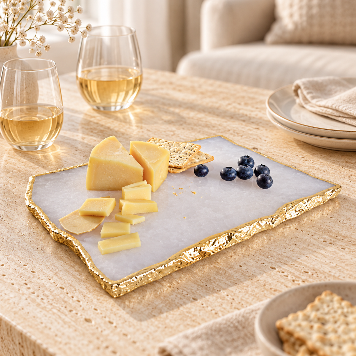 White Quartz Platter with Gold Gilding styled in a home setting