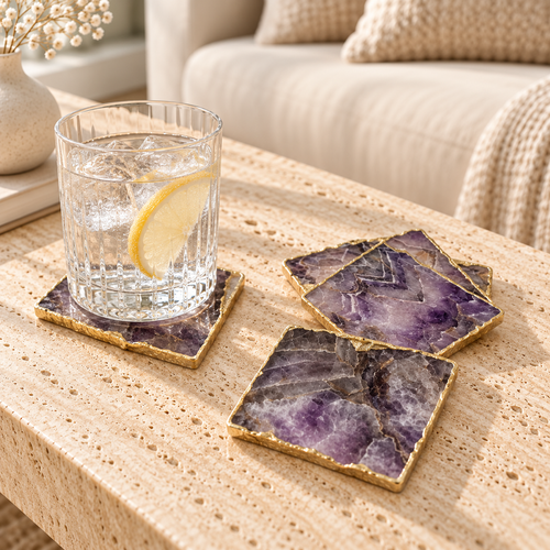 Amethyst Coasters with Gold Gilding — Set of 4 styled in a home setting