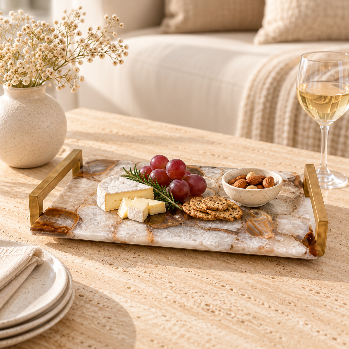 Mimosa Agate Tray with Brass Handles styled in a home setting