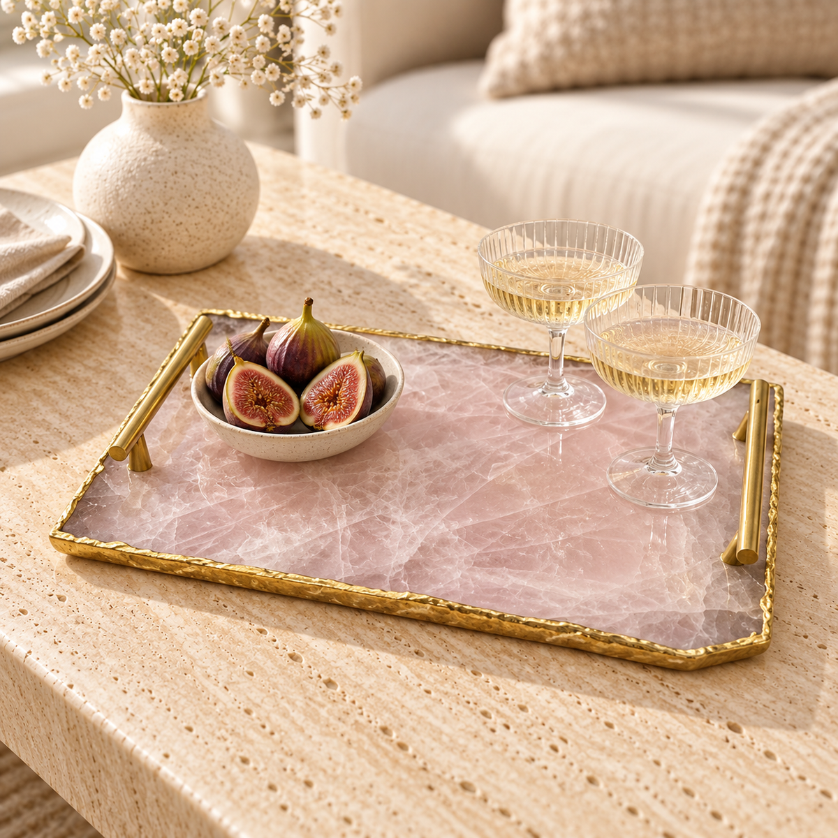 Rose Quartz Tray with Brass Handles styled in a home setting
