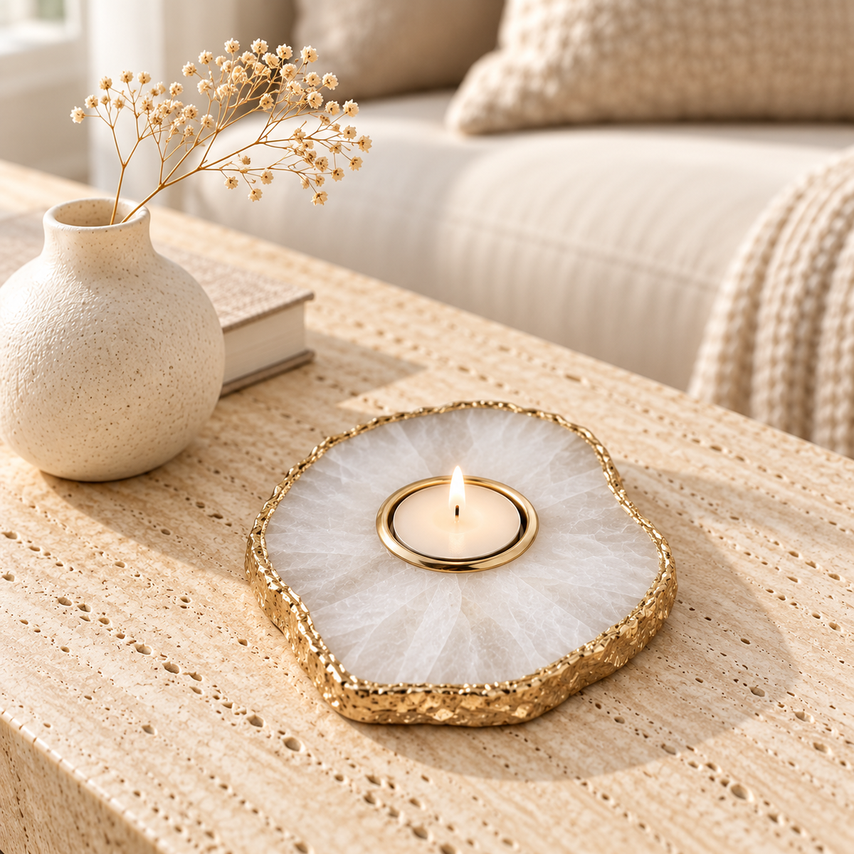 White Quartz Tealight Holder with Gold Gilding styled in a home setting