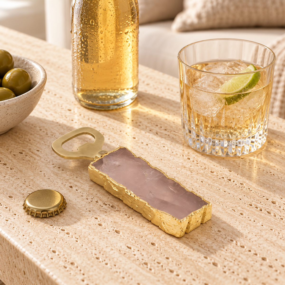 Rose Quartz Bottle Opener styled in a home setting
