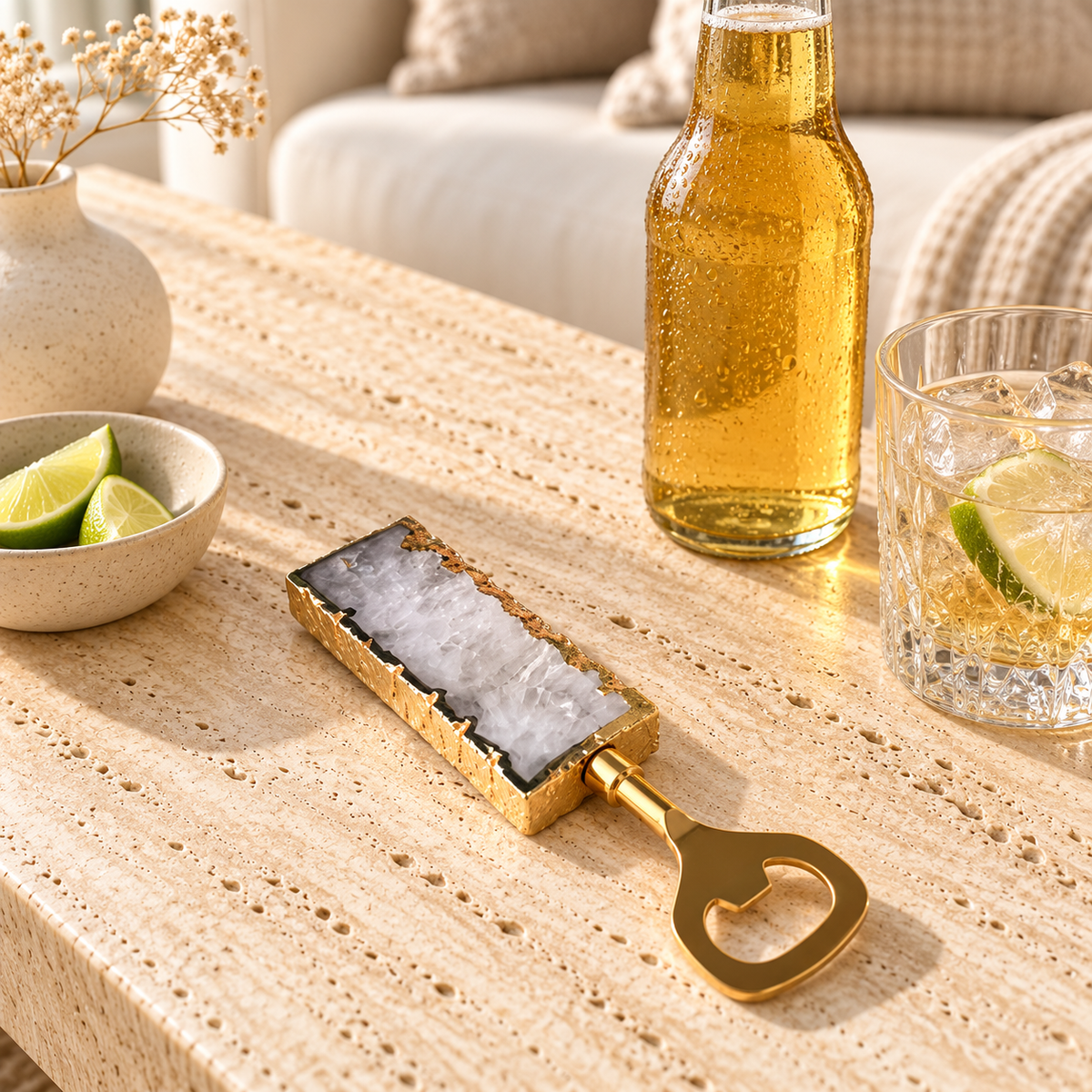 White Agate Bottle Opener styled in a home setting