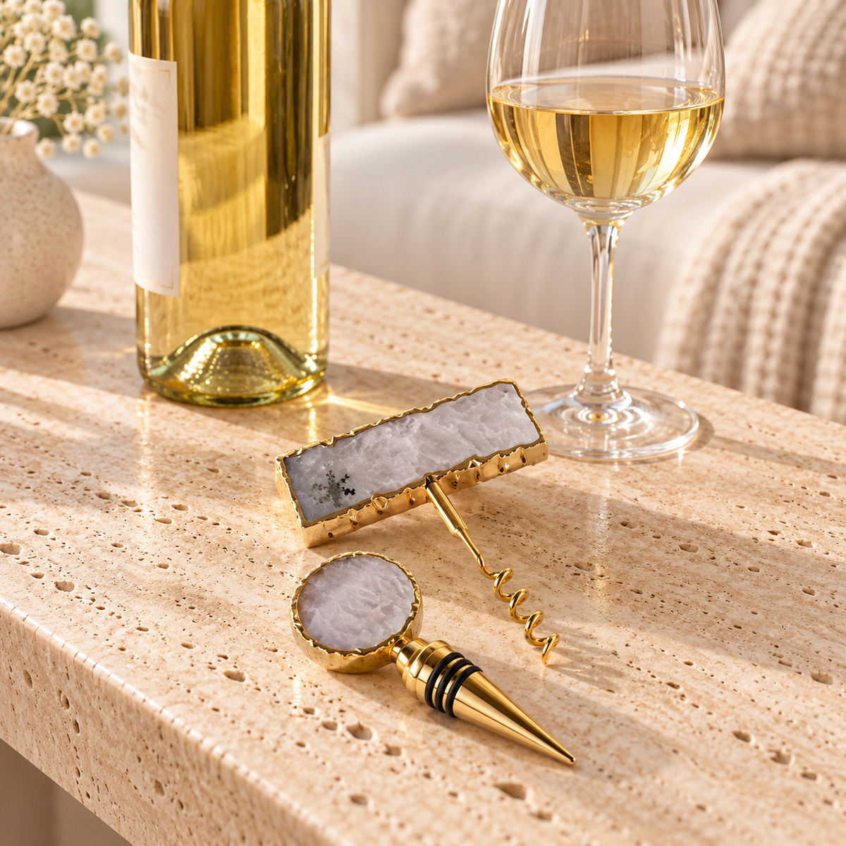 White Agate Wine Bottle Opener & Stopper Set styled in a home setting