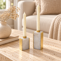 Chunk White Quartz Tall & Short Candle Stands — Set styled in a home setting