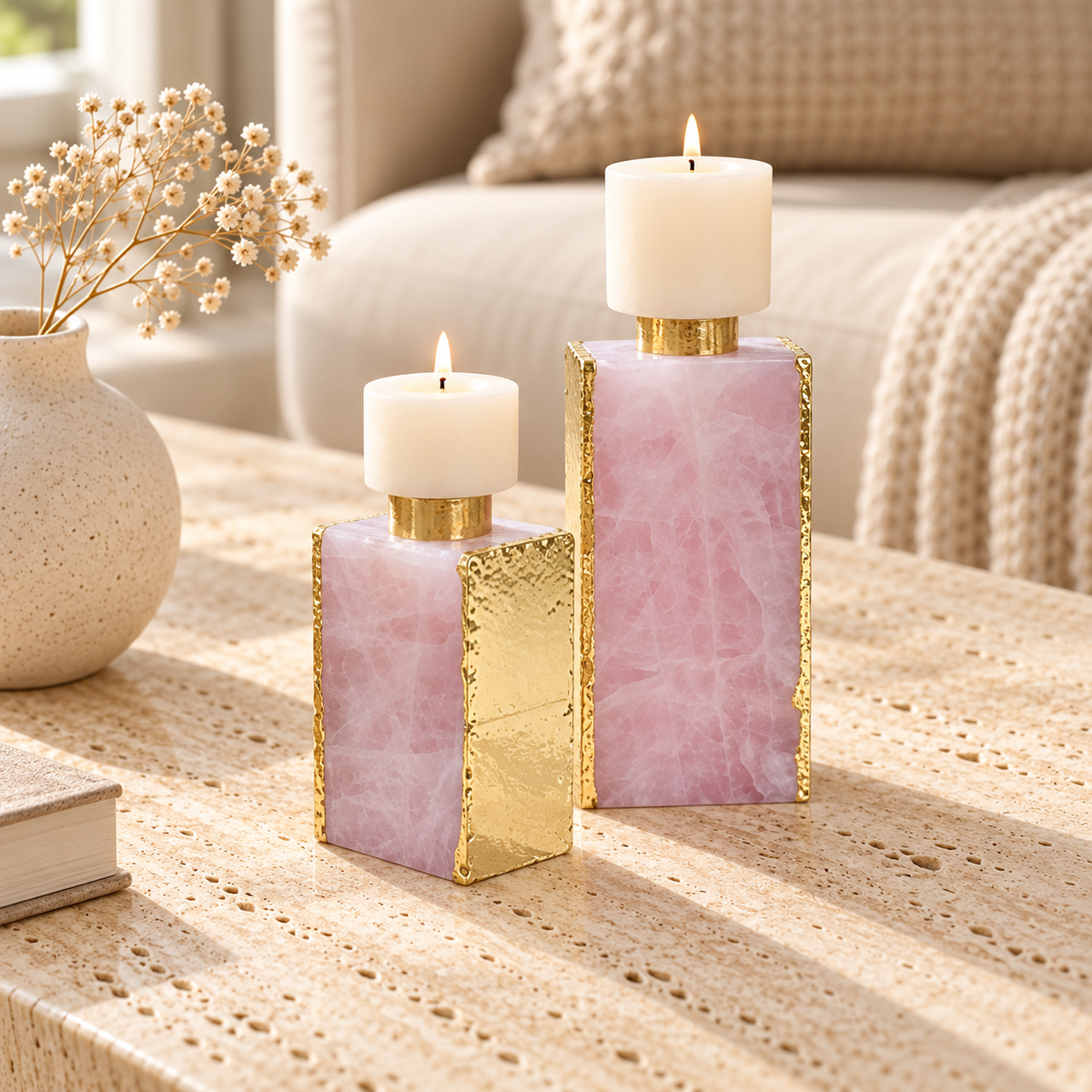 Chunk Rose Quartz Tall & Short Candle Stands — Set styled in a home setting