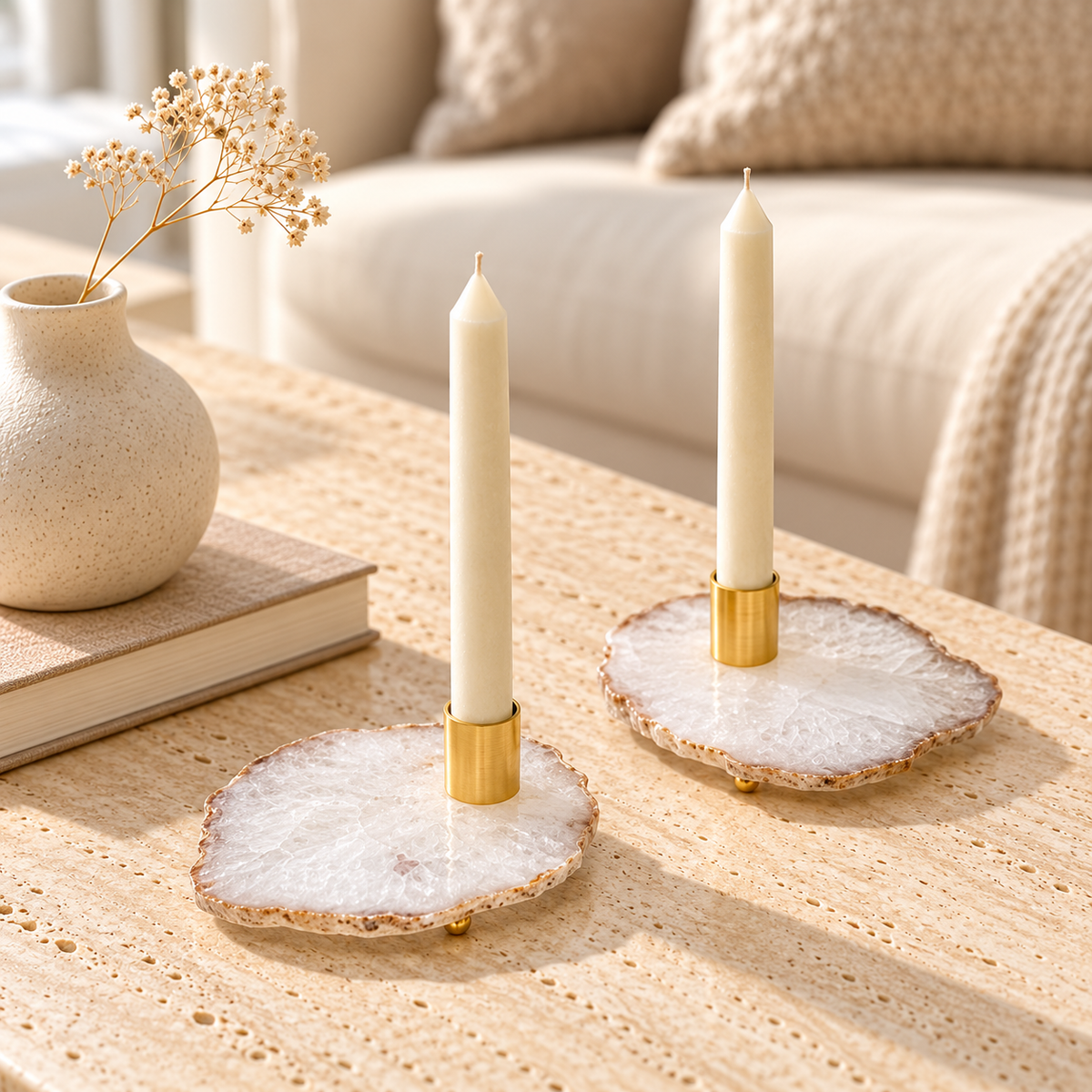 White Agate Candle Stands — Set of 2 styled in a home setting
