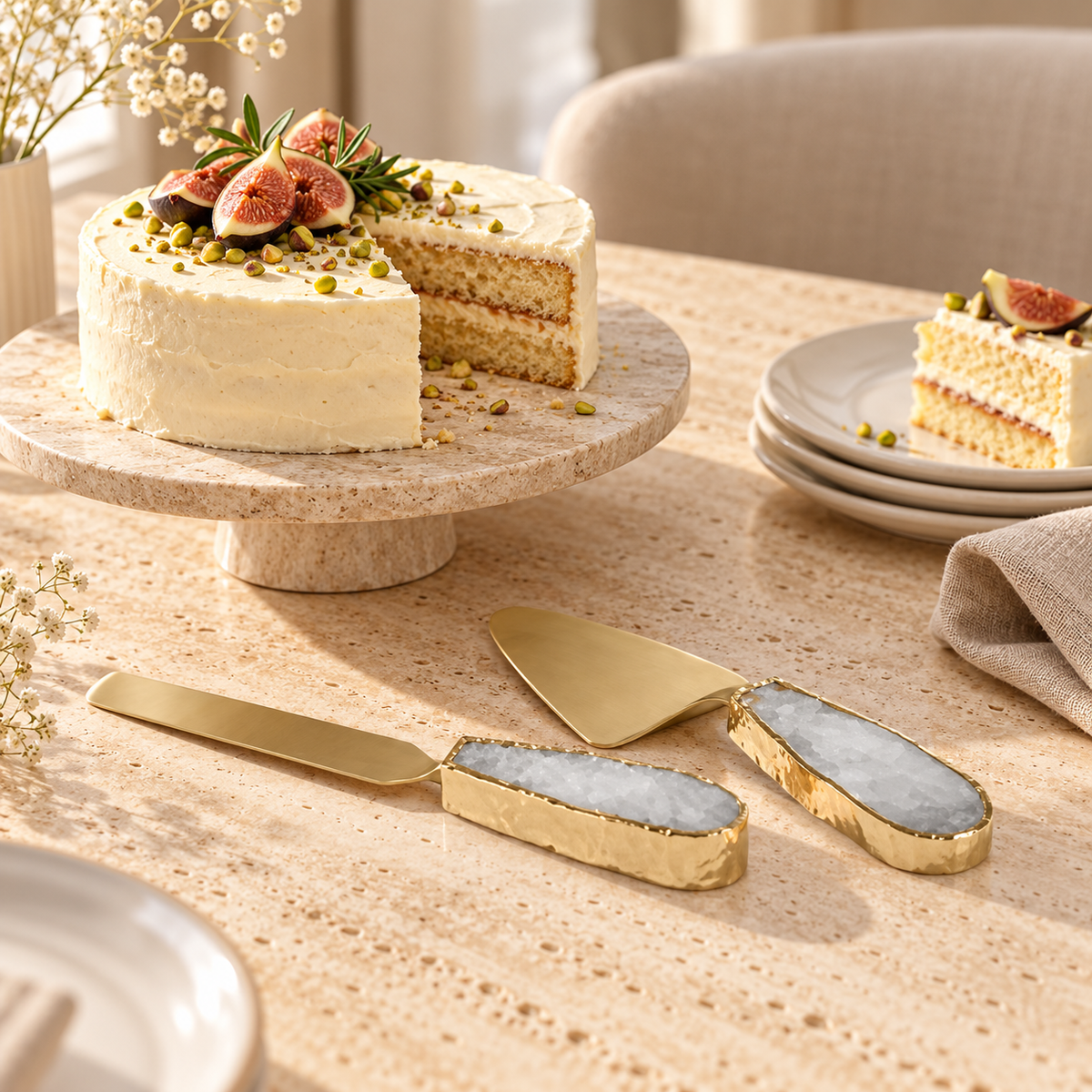 White Quartz Cake Knife & Server Set styled in a home setting