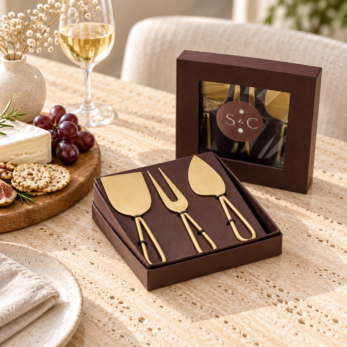 Teardrop Brass Cheeseknives — Set of 3 styled in a home setting