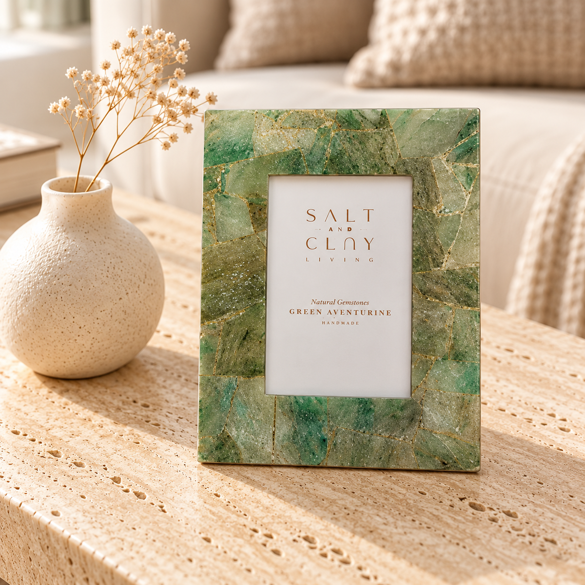 Green Aventurine Photoframe styled in a home setting