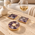 Amethyst Tealight Holder with Gold Gilding + Set of 2 Coasters styled in a home setting