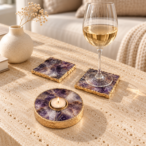 Amethyst Tealight Holder with Gold Gilding + Set of 2 Coasters styled in a home setting