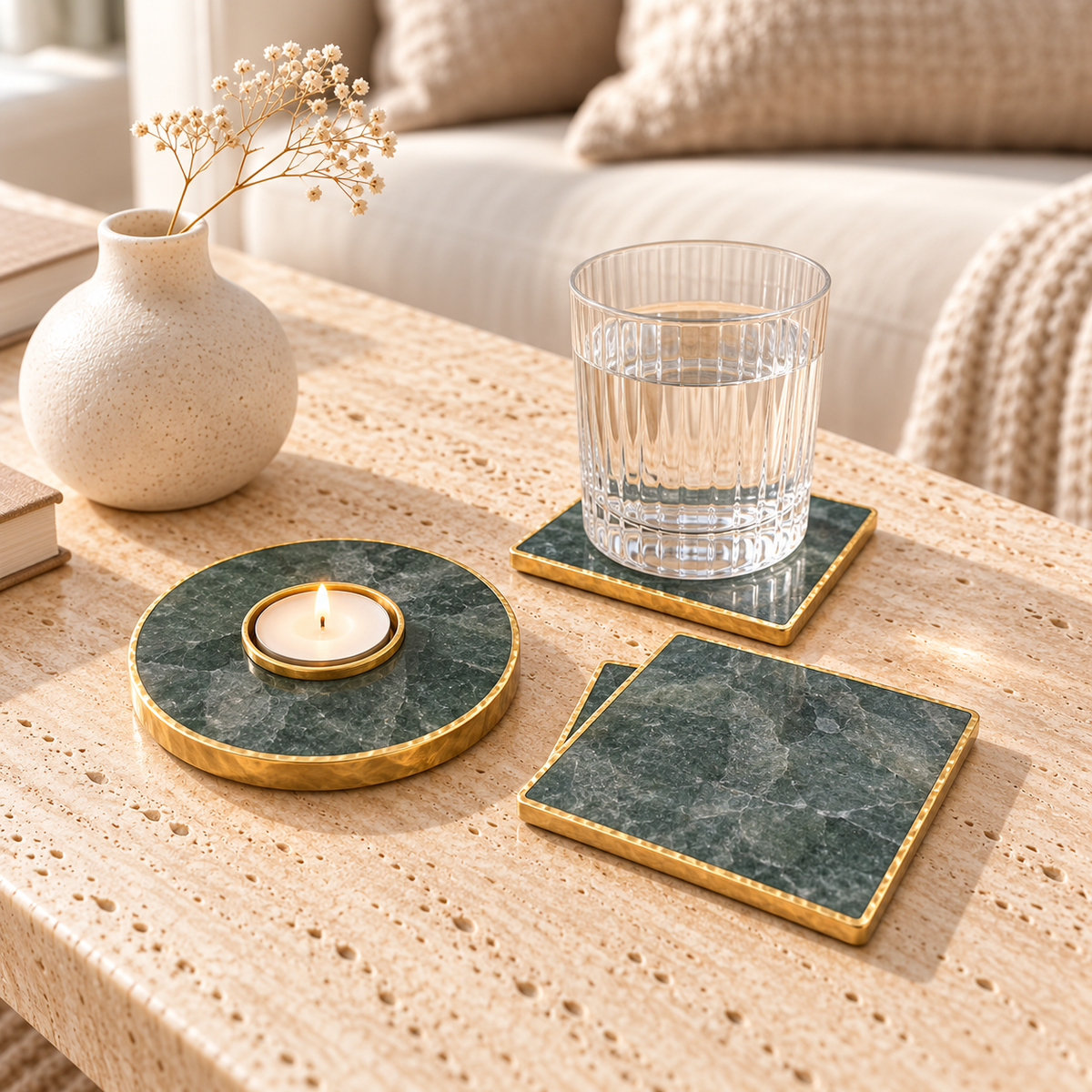 Green Aventurine Tealight Holder with Gold Gilding + Set of 2 Coasters styled in a home setting