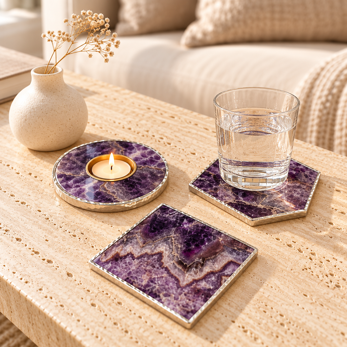 Amethyst Tealight Holder with Silver Gilding + Set of 2 Coasters styled in a living room