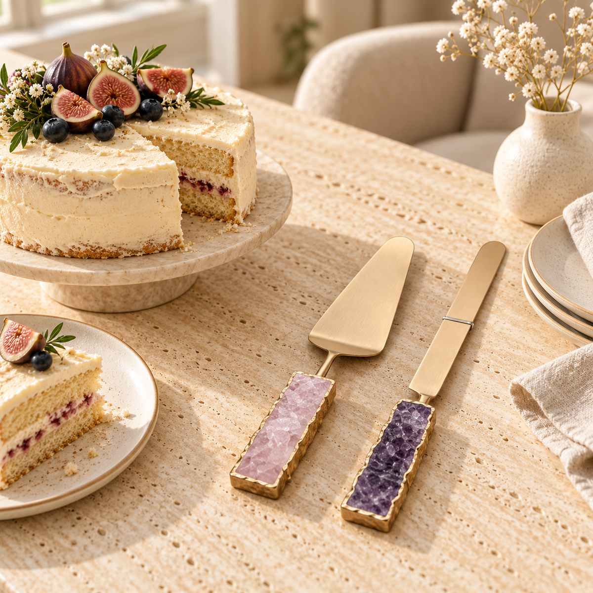 Amethyst Cake Knife & Rose Quartz Server Set styled in a home setting