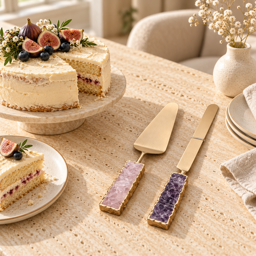 Amethyst Cake Knife & Rose Quartz Server Set styled in a home setting