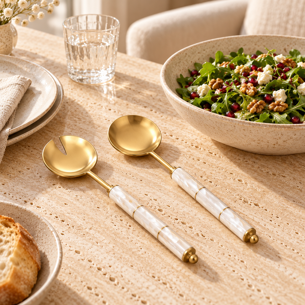 Nacre Mother of Pearl Salad Server Spoons Set styled in a home setting