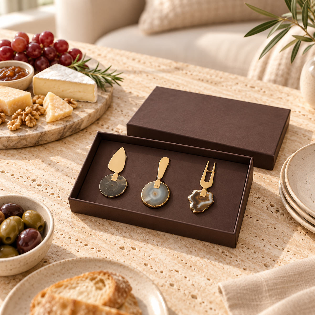 Truffle Agate Cheeseknives Set styled in a home setting