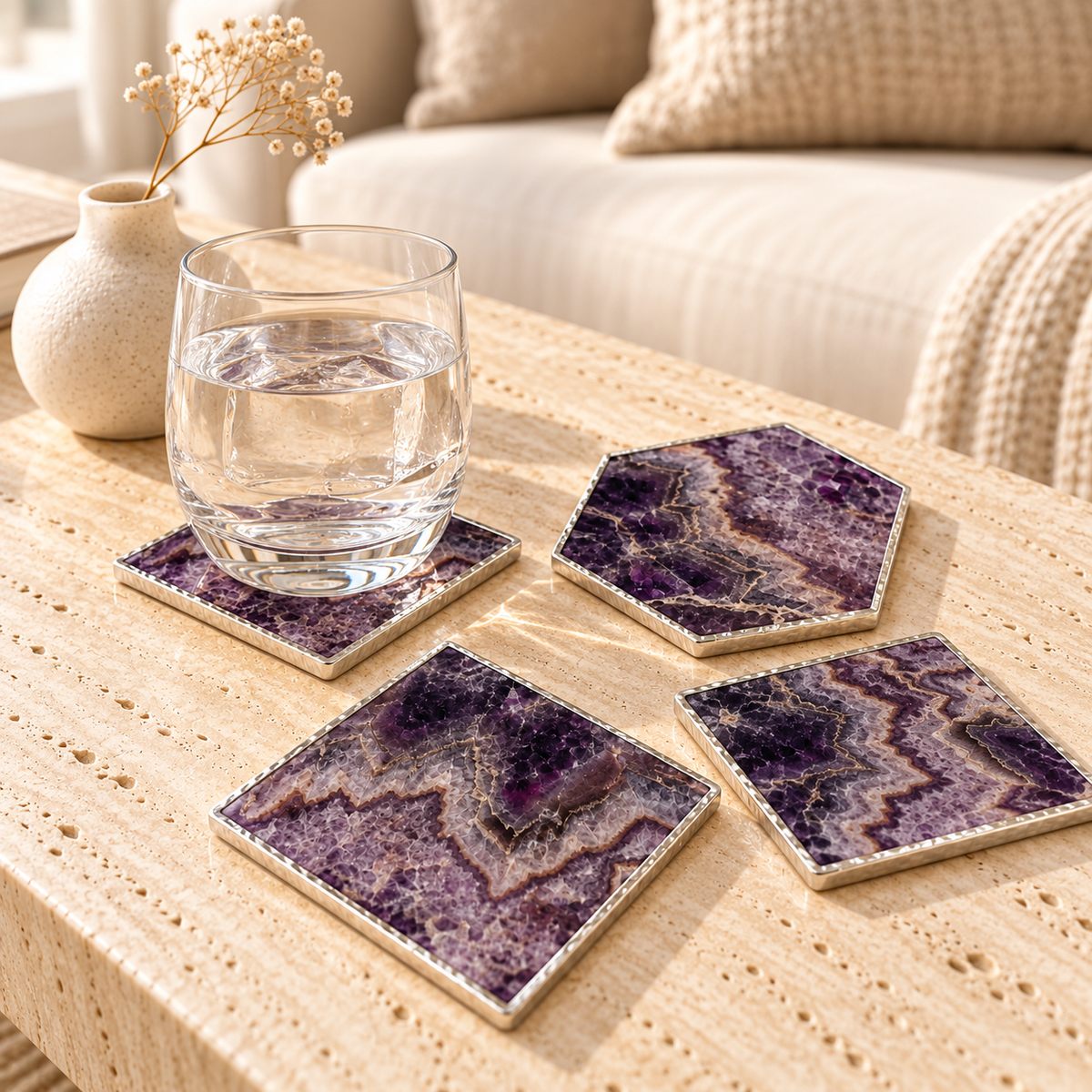 Amethyst Coasters with Silver Gilding — Set of 4 styled in a home setting