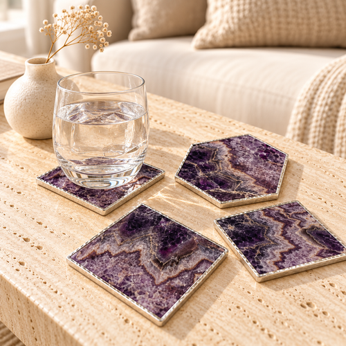 Amethyst Coasters with Silver Gilding — Set of 4 styled in a home setting