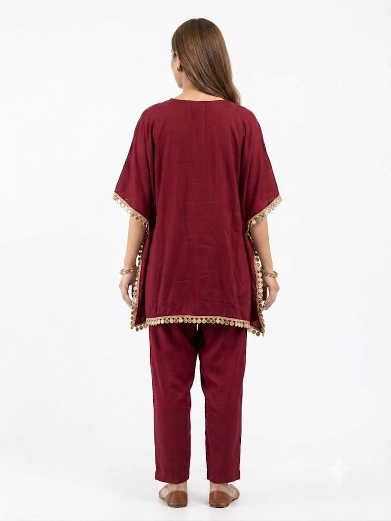Wine Red Festive Kaftan Co-Ord Set